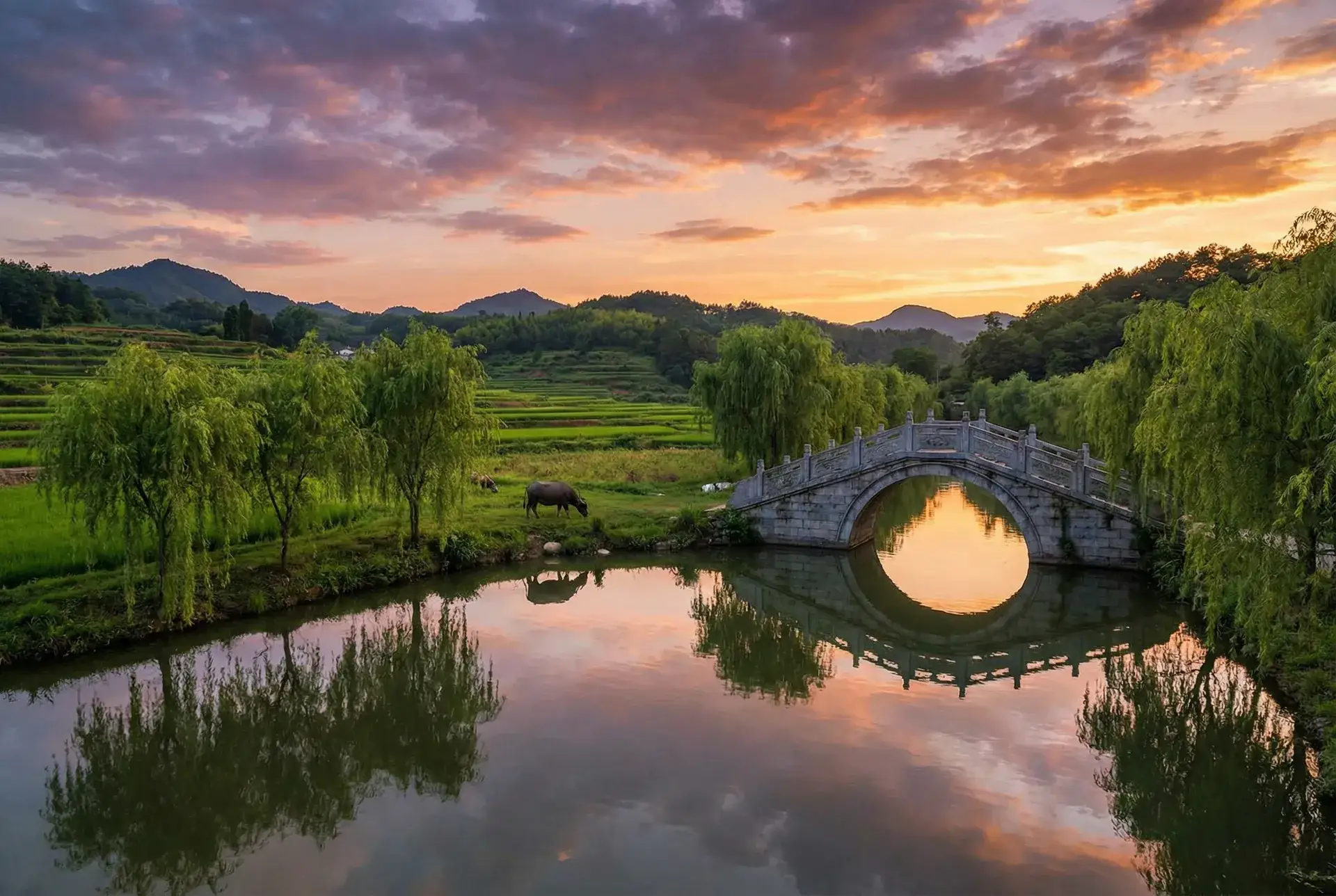 夕阳下的石拱桥与垂柳，水牛在河边吃草 - 湮灭下载 乡村美景